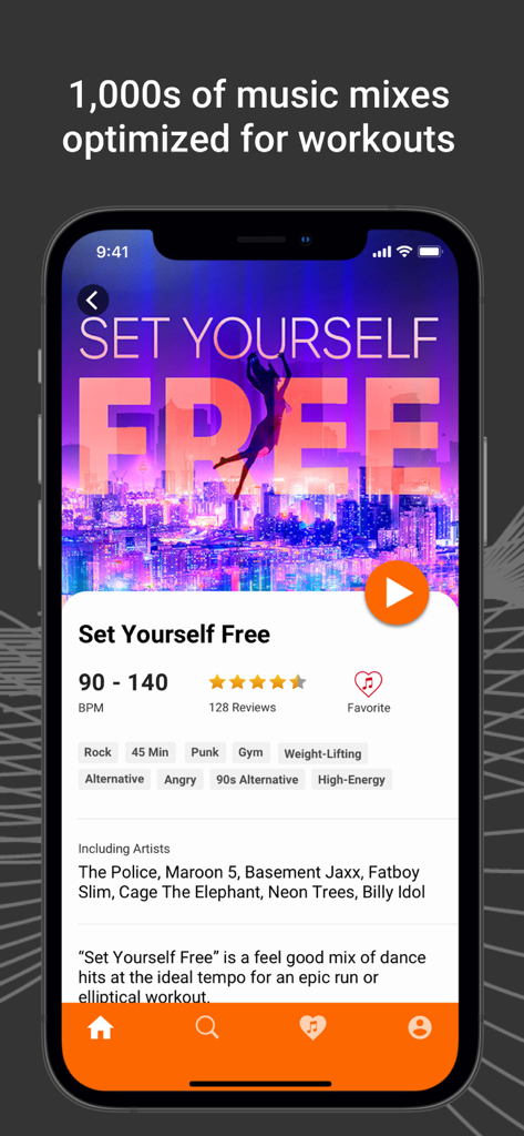 RockMyRun - Workout Music - RockMyRun app interface displaying a curated workout music mix titled Set Yourself Free with BPM and artist details