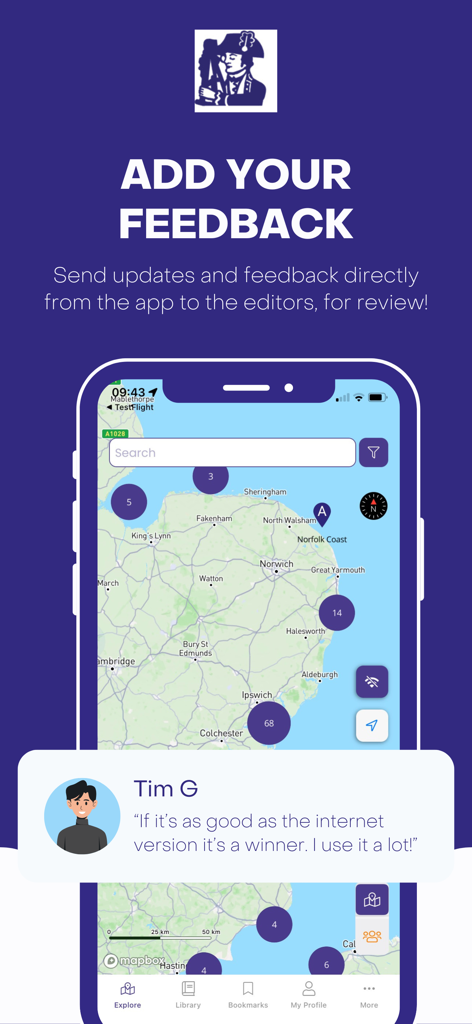Interface do aplicativo Explore with Imray mostrando uma seção de feedback do usuário e um mapa náutico com pontos de navegação
