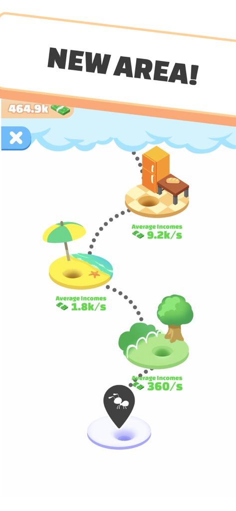 Idle Ants - Simulator Game - A progression map in Idle Ants showing various unlockable environments like a kitchen, beach, and forest with their average income rates.