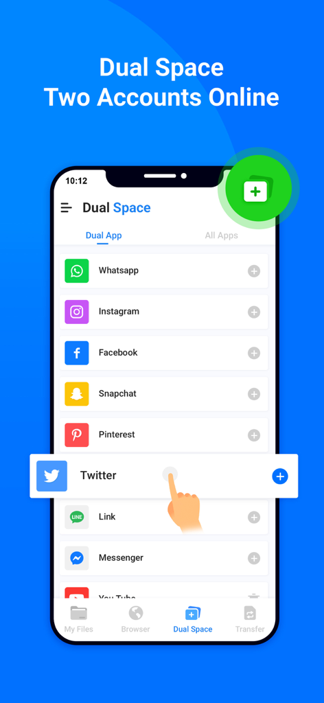 My Files - All File Manager - Interfaccia dello smartphone che mostra la funzione Dual Space per la gestione di più account di social media come WhatsApp e Instagram