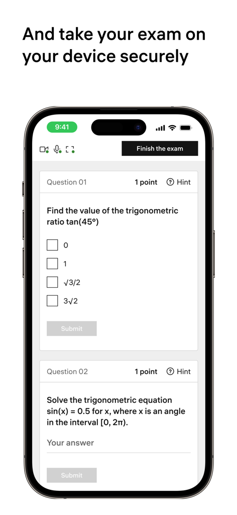 Constructor Proctor - Captura de tela do aplicativo Constructor Proctor mostrando uma interface de prova de trigonometria móvel com perguntas de múltipla escolha e respostas curtas