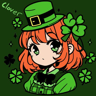 a manga-style girl with clovers around her, a little hat in her hair, like it's saint patrick's day