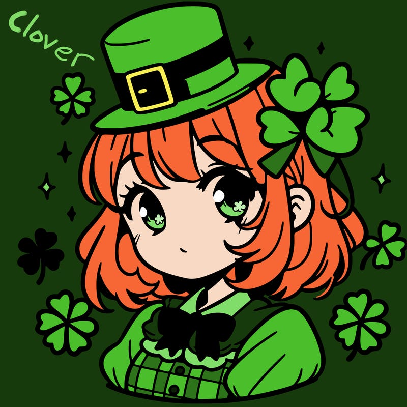 a manga-style girl with clovers around her, a little hat in her hair, like it's saint patrick's day