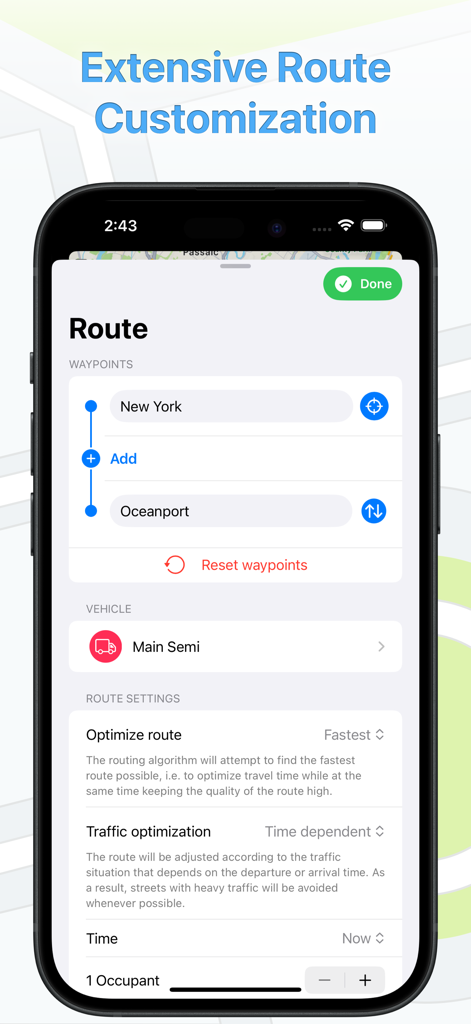 Interfaccia dell'app di navigazione Mappe Camion che mostra le impostazioni di personalizzazione del percorso per conducenti professionisti.