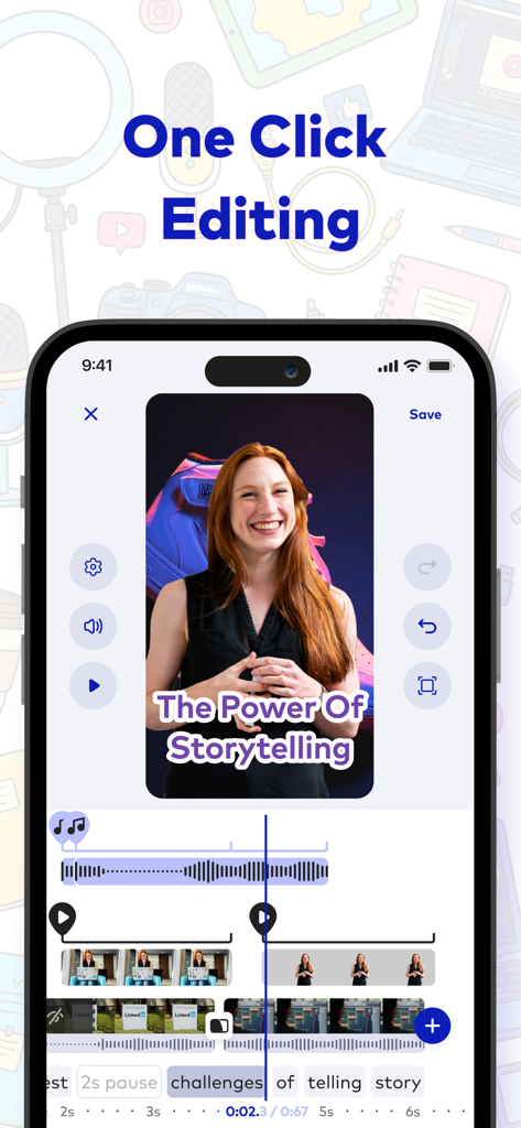 Supercreator.ai app interface showing one-click video editing and word-level transcript features