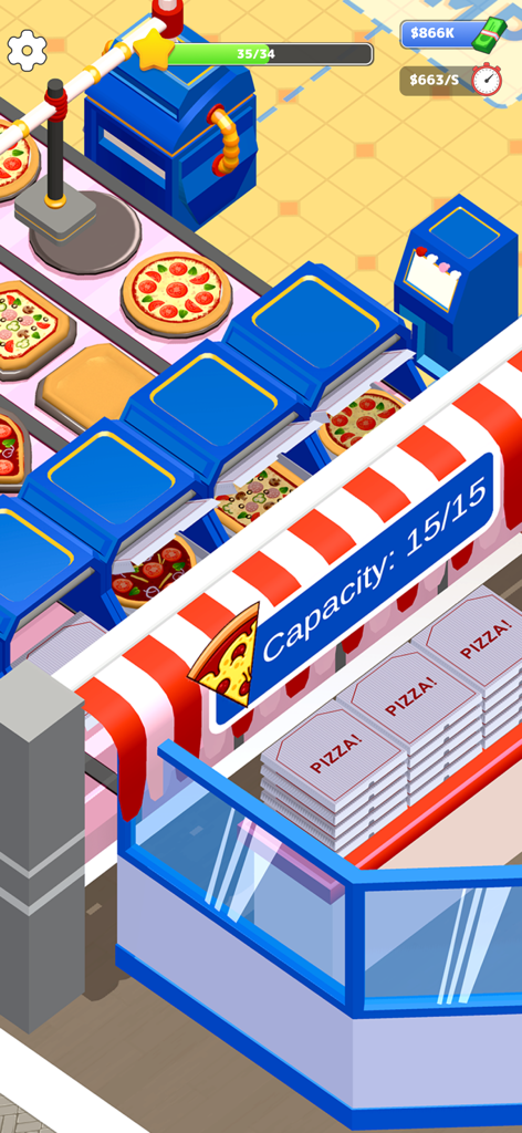 Idle Pizza Restaurant Tycoon - Automated pizza production line with machines and conveyor belts in Idle Pizza Restaurant Tycoon.