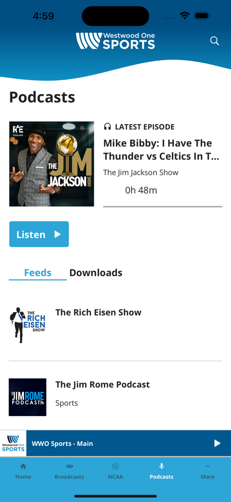Podcasts interface of the Westwood One Sports app featuring popular sports talk shows like the Jim Jackson Show and Rich Eisen Show