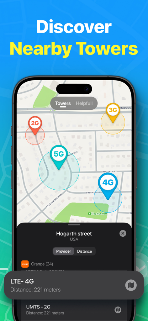 Mapa mostrando torres de celular 5G 4G e 3G próximas com dados de distância