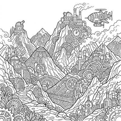 Embark on an extraordinary coloring journey through the Steampunk Andean Mountains! This intricate design blends natural majesty with retro-futuristic gears and machinery, offering a captivating challenge for all ages.
