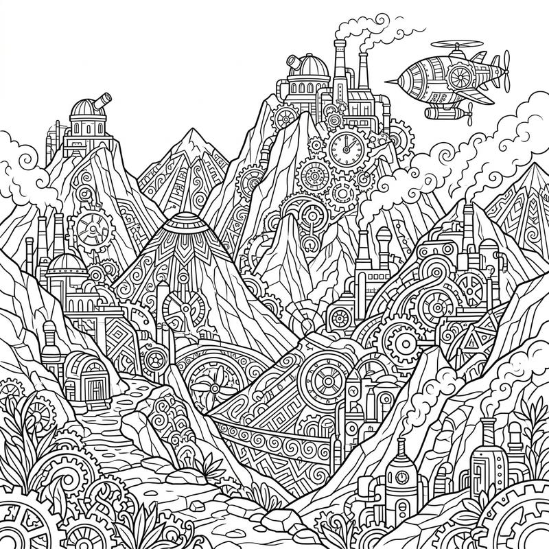 Embark on an extraordinary coloring journey through the Steampunk Andean Mountains! This intricate design blends natural majesty with retro-futuristic gears and machinery, offering a captivating challenge for all ages.
