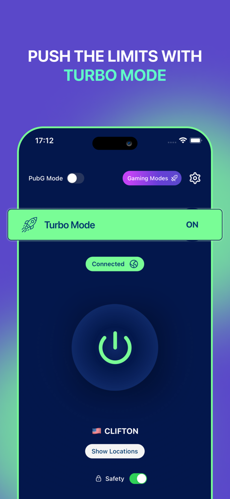 Oberfläche von VPN Hotspot Browser, die den aktivierten Turbo-Modus für schnelles Gaming und Streaming zeigt