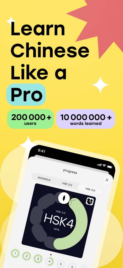 Laoshi: Learn Chinese & HSK - A promotional screen for the Laoshi app displaying HSK level 4 progress and user statistics for learning Chinese.