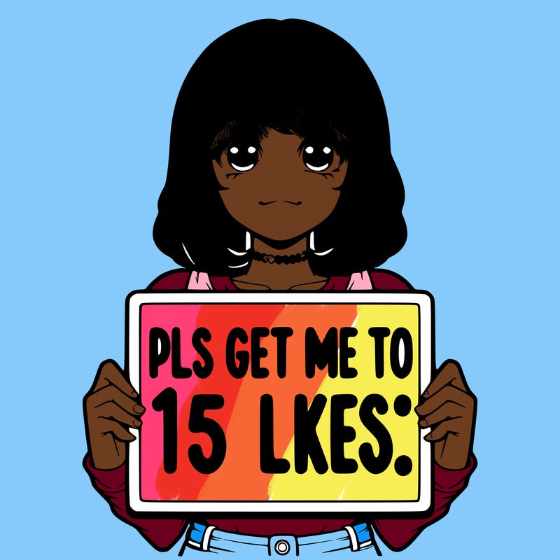 realistic girl holding up a sign that says “pls get me to 15 likes!”