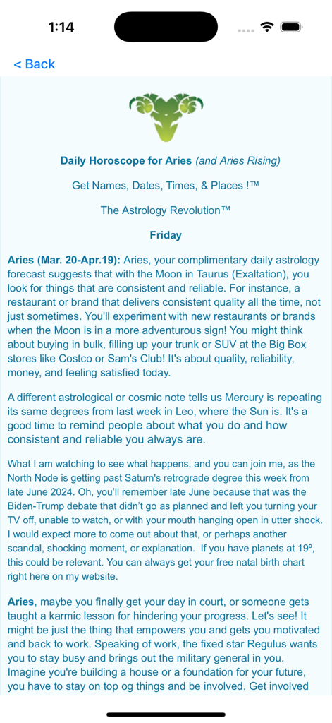 A detailed daily horoscope reading for Aries in the Horoscopes by Terry Nazon app