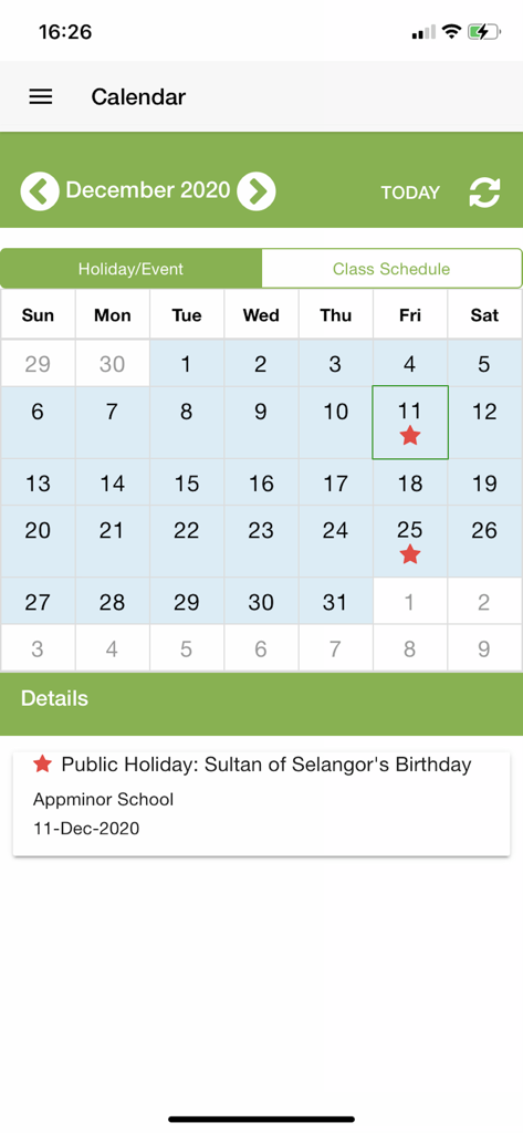 School2me - School2me app calendar screen displaying school holidays and event details for parents