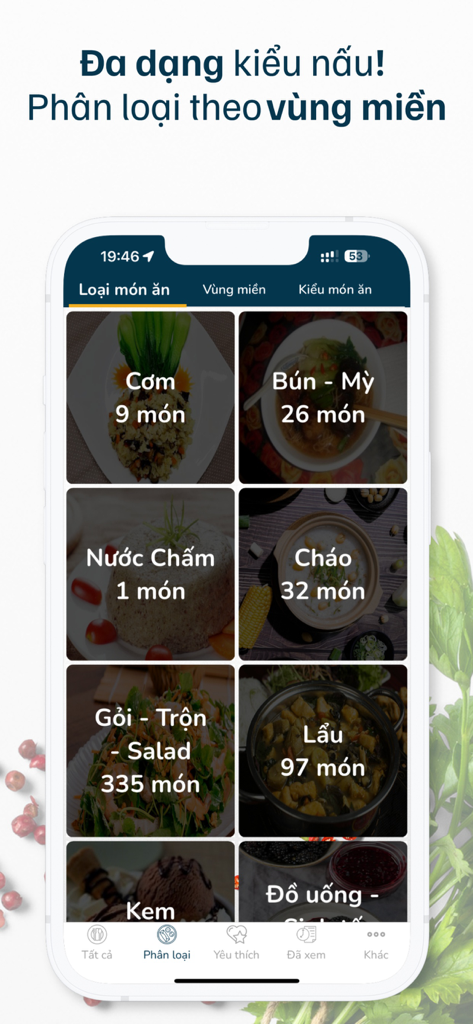 Món ăn ngon mỗi ngày - Vietnamese recipe app interface showing dish categories like rice noodles and salads