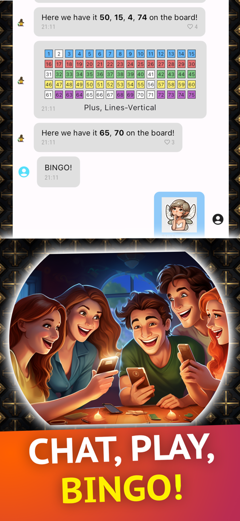 Interfaccia dell'app mobile ChatBingo con chat bingo e amici che giocano insieme sui loro telefoni