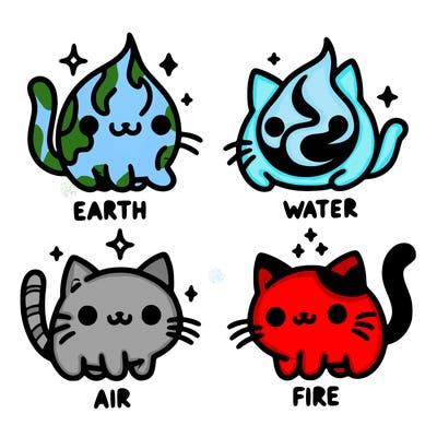 4 cats that represent the different elements, earth, water, air, and fire