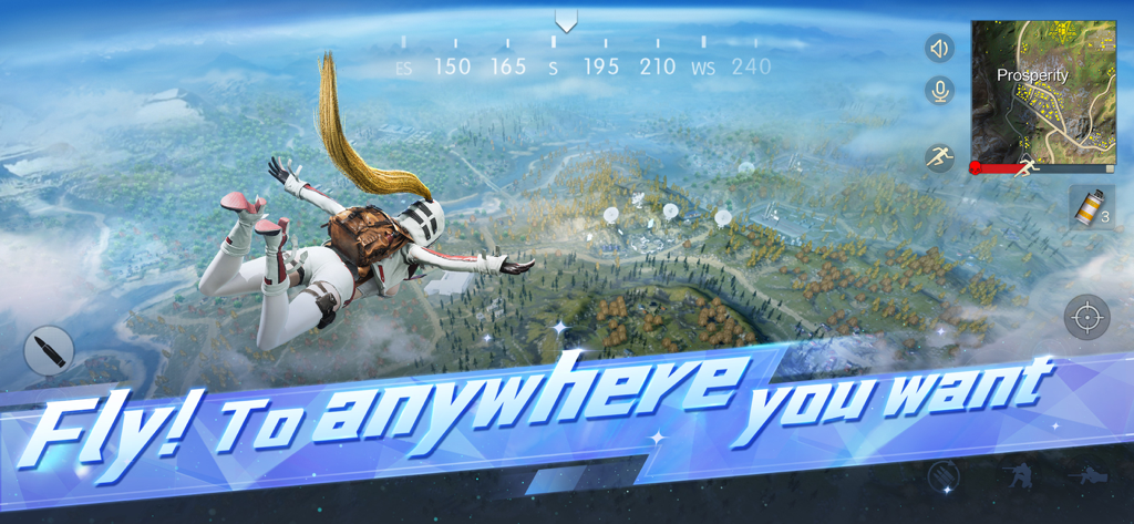 A customized female character skydiving over a vast landscape in the Battle Royale game Knives Out.