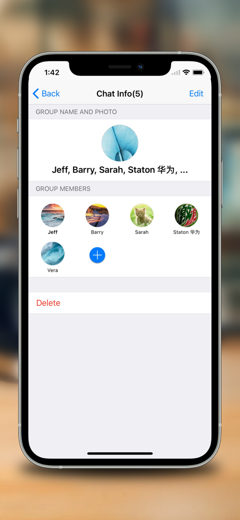Tela de informações do chat em grupo do aplicativo TalkKing mostrando uma lista de membros do grupo e opções de edição