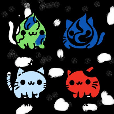 4 cats that represent the different elements, earth, water, air, and fire