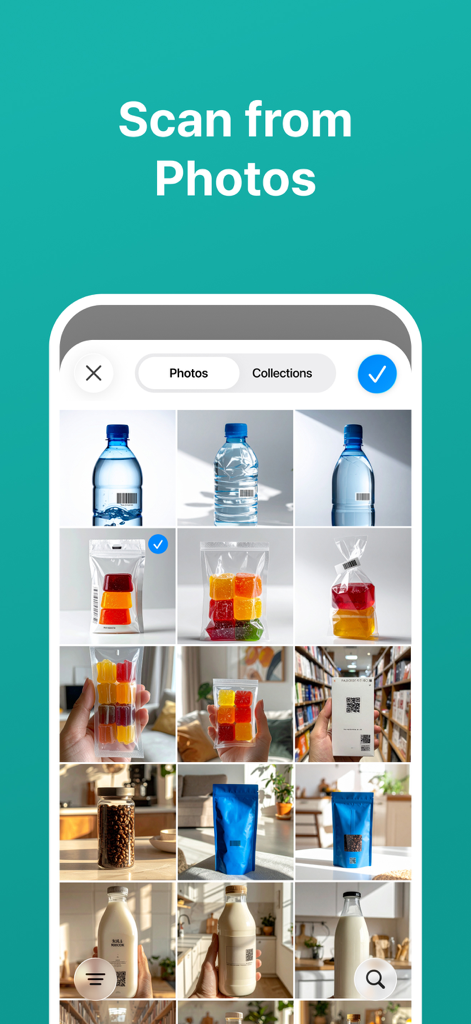 QR Code Scanner · Barcode - Interface of the QR Code Scanner app showing the feature to scan barcodes and QR codes directly from a photo gallery.