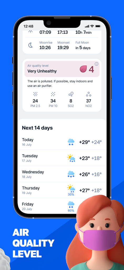 Meteoprog - Weather Forecast - Interfaccia dell'app meteo Meteoprog che mostra il livello di qualità dell'aria e le previsioni a 14 giorni