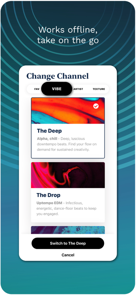 Focus@Will: Control Your ADD - Focus at Will mobile app screen showing music channel options and offline mode message