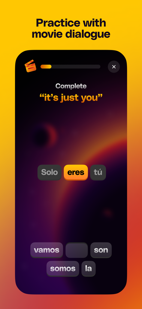 Nonsense: Language Learning - A screenshot of the Nonsense app showing a Spanish language learning exercise where a user completes a movie quote translation by selecting words.