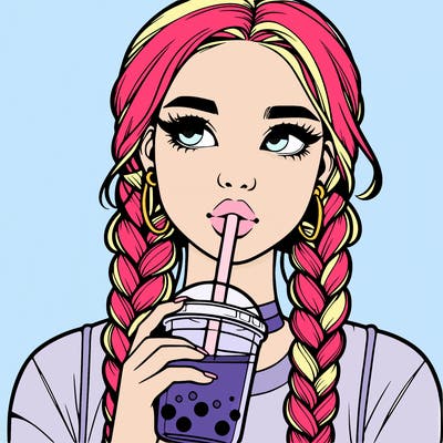 realistic girl with braided hair drinking boba