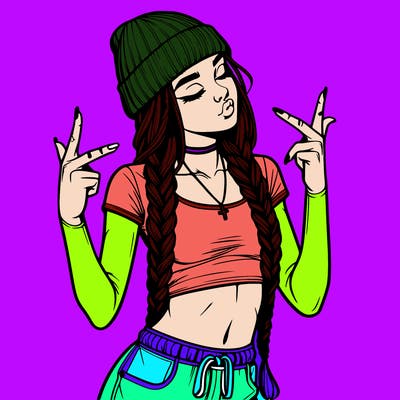 realistic teenage girl with braids and a beanie and crop top doing 🫶🏼