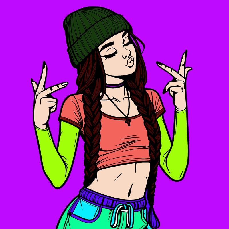 realistic teenage girl with braids and a beanie and crop top doing 🫶🏼