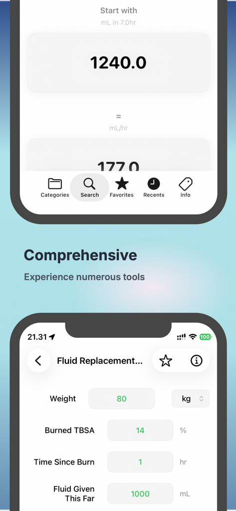 Interface de l'application de calcul médical CliniCalc affichant le calcul de la réhydratation chez les patients brûlés