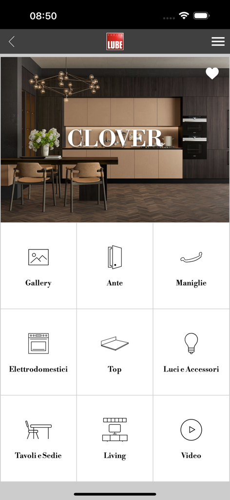 Gruppo LUBE - Gruppo LUBE mobile app interface showing Clover kitchen model and design category icons