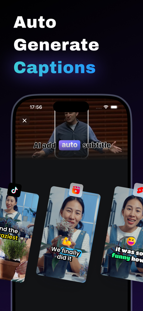 AI video clipping: MagicClip - Interfaz de la aplicación MagicClip que muestra subtítulos generados automáticamente por IA para TikTok, Instagram Reels y YouTube Shorts