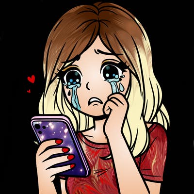 woman crying with her phone in her hand