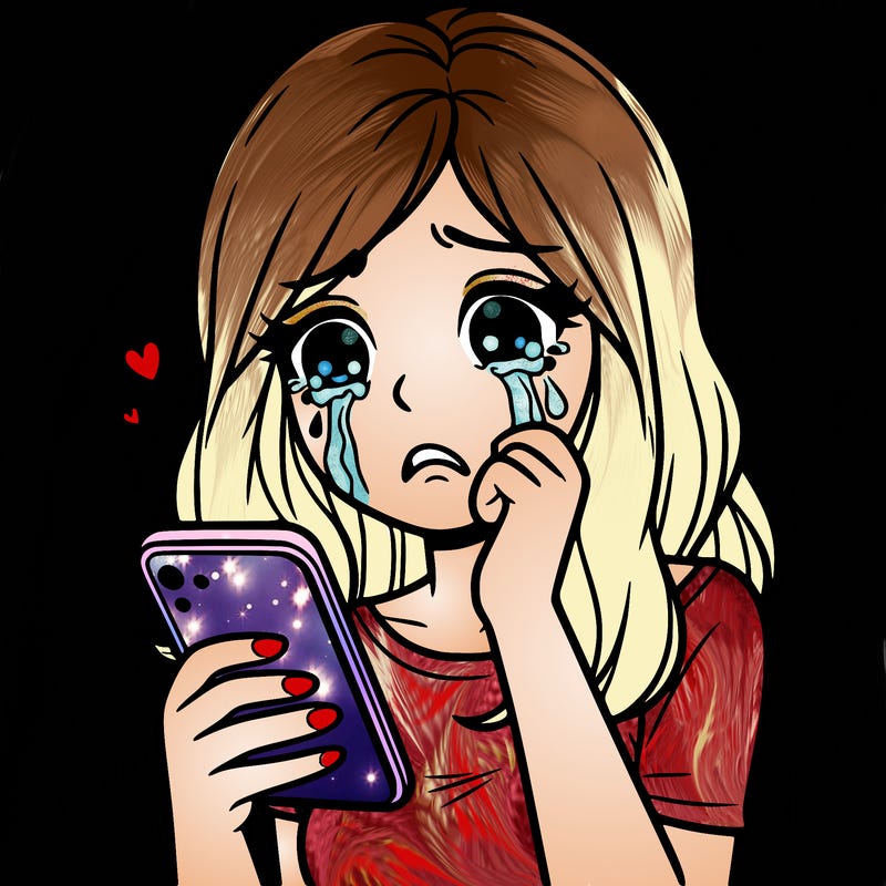 woman crying with her phone in her hand