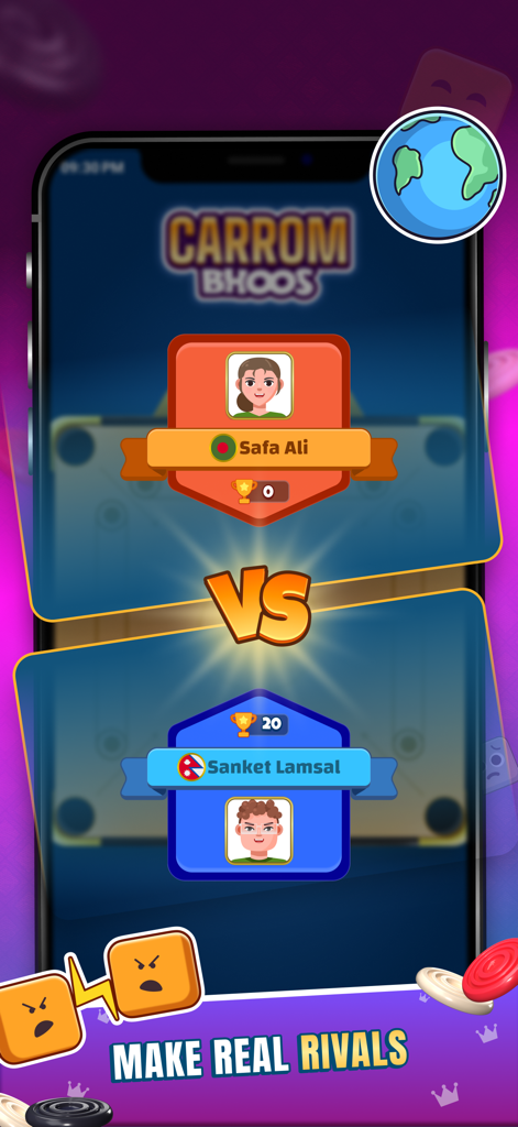 Carrom Board by Bhoos - Una pantalla de versus en la aplicación Carrom Board que muestra un enfrentamiento multijugador entre dos jugadores de diferentes países.
