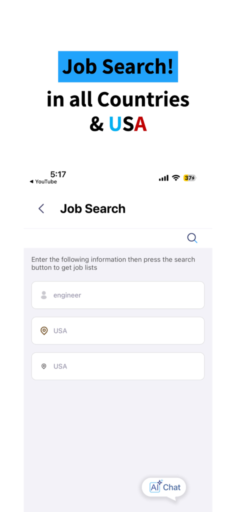 ResuME Maker app job search screen with fields for job title and location in the USA