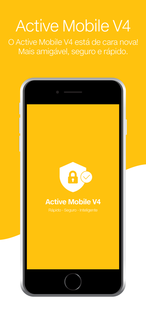 Écran de smartphone affichant la page de démarrage de l'application Active Mobile V4 avec un fond jaune et une icône de cadenas de bouclier de sécurité
