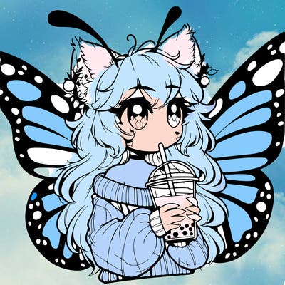 a realistic butterfly/furry girl drinking boba