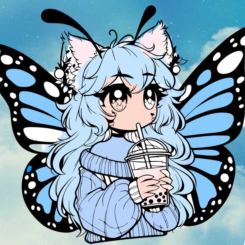 a realistic butterfly/furry girl drinking boba