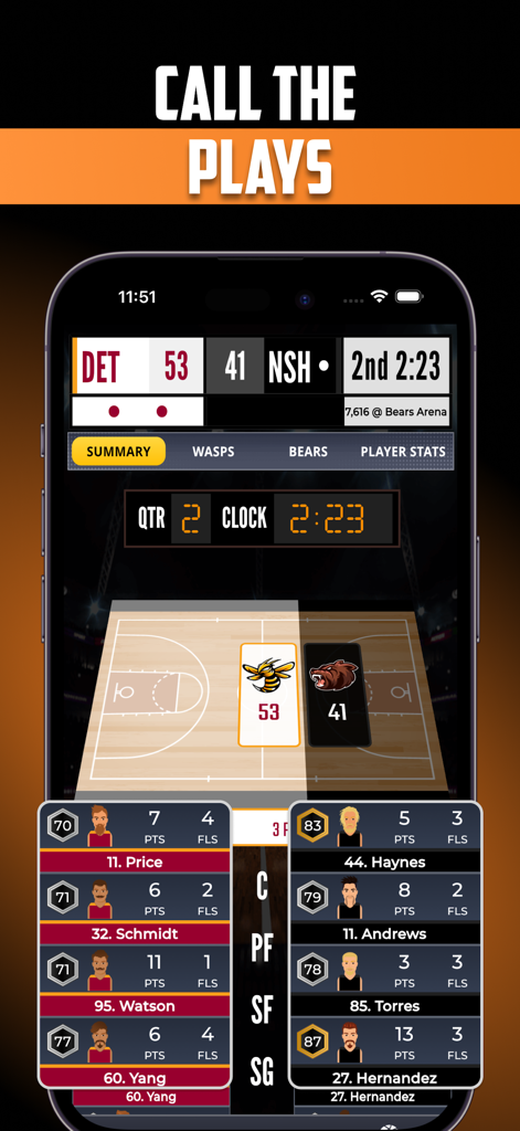 Ultimate Pro Basketball GM - Basketball game simulation showing live team scores and individual player stats.