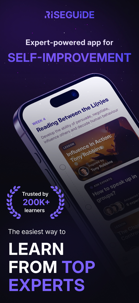 자기계발 및 퍼스널 성장을 위한 전문가 주도 레슨을 강조하는 RiseGuide 모바일 앱 스크린샷