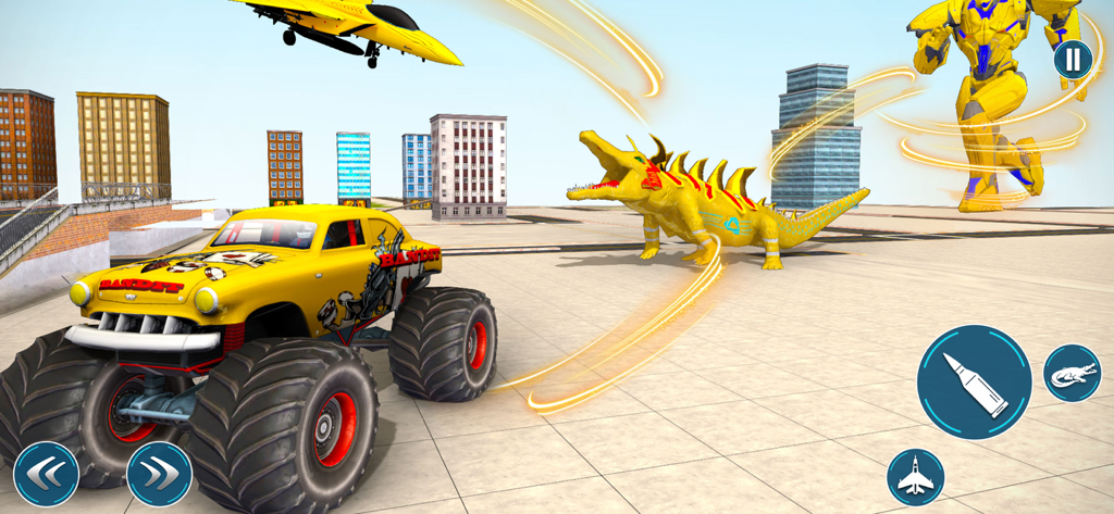 Crocodile Robot War Fighter - Action game screenshot featuring a yellow monster truck and a robotic crocodile transformation in a city environment