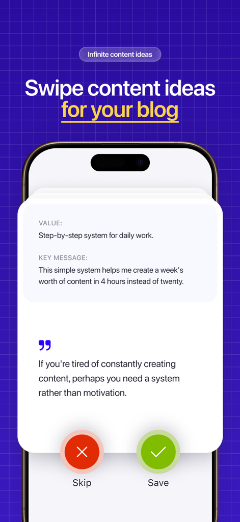 Carousel Posts Hooks: Draft AI - Uma interface móvel para deslizar e salvar ideias de conteúdo geradas por IA para um blog.