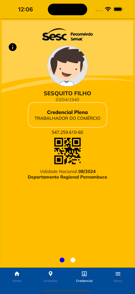 Schermata della credenziale digitale dell'app SESC PE con un codice QR e le informazioni sull'ID membro su sfondo giallo.