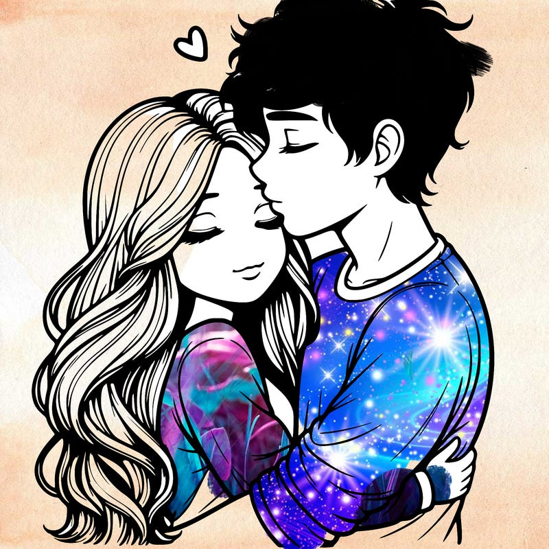 a realistic couple boy and girl hugging and kissing