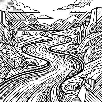 Dive into a unique coloring experience with this striking Pop Art riverscape. Featuring bold outlines and comic book-inspired patterns, it offers a fresh take on nature's scenes.
