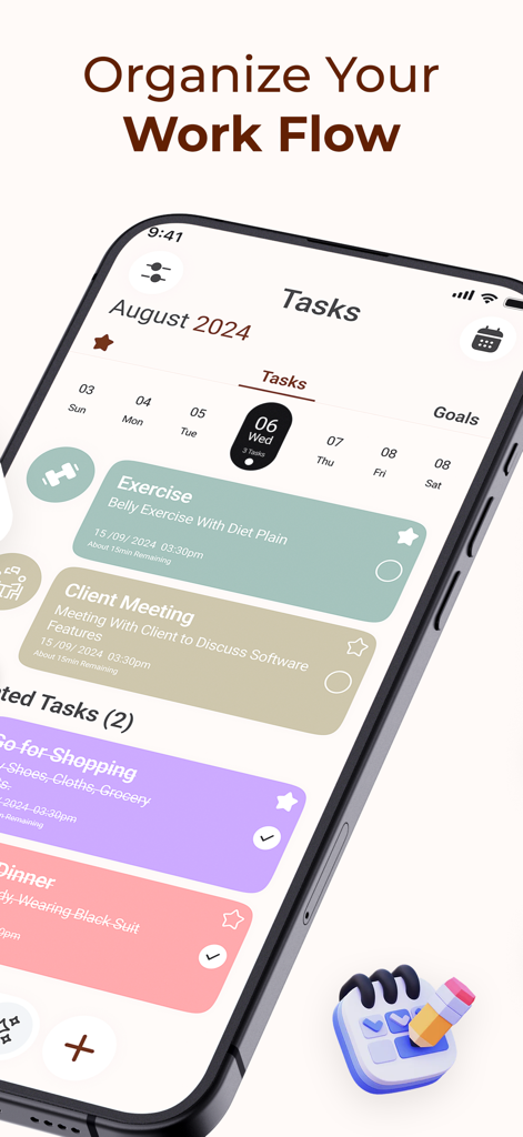 Tick: Daily Routine Planner - Task management screen of the Tick app showing organized daily activities and a calendar view